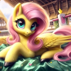 Size: 1024x1024 | Tagged: safe, ai content, machine learning generated, fluttershy, pegasus, pony, aside glance, bing, female, fluffy, hay, looking at you, lying down, mare, prone, satin, solo, unshorn fetlocks