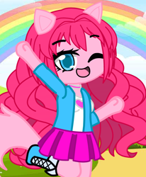 Size: 890x1080 | Tagged: safe, artist:80ssuperstar, derpibooru import, pinkie pie, anthro, equestria girls, g4, boots, clothes, female, gacha club, high heel boots, jacket, pony ears, rainbow, shirt, shoes, simple background, skirt, solo, tail, transparent background, vest