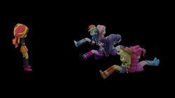 Size: 3840x2160 | Tagged: safe, artist:ennddy, derpibooru import, applejack, fluttershy, pinkie pie, rainbow dash, rarity, sunset shimmer, twilight sparkle, human, equestria girls, g4, 3d, angry, antagonist, arm behind back, back to back, belt, black background, bondage, boots, clothes, cowboy boots, cowboy hat, damsel in distress, gag, hat, high heel boots, humane five, humane seven, humane six, jacket, kidnapped, rope, rope bondage, shirt, shoes, simple background, skirt, socks, tape, tape bondage, tape gag, tied up, vest, worried