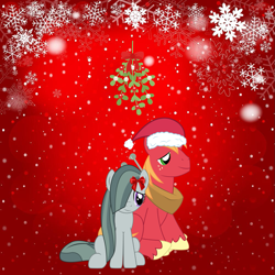 Size: 999x999 | Tagged: safe, artist:sketchmcreations, derpibooru import, big macintosh, marble pie, earth pony, pony, g4, christmas, cute, duo, female, freckles, hat, hearth's warming, holiday, male, marblebetes, mare, mistleholly, ribbon, santa hat, ship:marblemac, shipping, smiling, stallion, straight