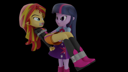 Size: 3840x2160 | Tagged: safe, artist:ennddy, derpibooru import, sunset shimmer, twilight sparkle, human, equestria girls, g4, 3d, angry, arm behind back, black background, bondage, boots, bridal carry, carrying, clothes, duo, gag, high heel boots, jacket, shirt, shoes, simple background, skirt, tape, tape bondage, tape gag, tied up