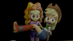 Size: 3840x2160 | Tagged: safe, artist:ennddy, derpibooru import, adagio dazzle, applejack, human, equestria girls, g4, 3d, angry, antagonist, arm behind back, black background, bondage, boots, bridal carry, carrying, cowboy boots, damsel in distress, duo, gag, high heel boots, kidnapped, shoes, simple background, tape, tape bondage, tape gag, tied up