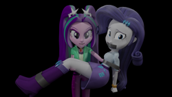 Size: 3840x2160 | Tagged: safe, artist:ennddy, derpibooru import, aria blaze, rarity, human, equestria girls, g4, 3d, antagonist, arm behind back, black background, bondage, boots, bridal carry, carrying, damsel in distress, duo, gag, high heel boots, kidnapped, shoes, simple background, tape, tape bondage, tape gag, tied up, worried