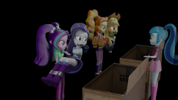 Size: 3840x2160 | Tagged: safe, artist:ennddy, derpibooru import, adagio dazzle, applejack, aria blaze, rarity, sonata dusk, human, equestria girls, g4, 3d, angry, antagonist, arm behind back, ass, black background, bondage, boots, box, bridal carry, butt, cardboard box, carrying, cowboy boots, damsel in distress, gag, high heel boots, kidnapped, shoes, simple background, tape, tape bondage, tape gag, the dazzlings, tied up, worried
