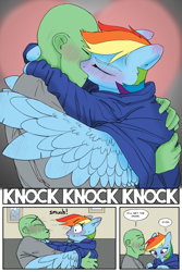 Size: 2400x3600 | Tagged: safe, artist:mobius_, artist:redruin01, derpibooru import, rainbow dash, oc, oc:anon, human, pegasus, pony, comic:dashing through the snow, g4, adorable face, blushing, clothes, colored, comic, cuddling, cute, excited, flustered, hearth's warming, hearth's warming eve, holding, holiday, hoodie, hug, human on pony petting, human on pony snuggling, kiss on the lips, kissing, love, loving gaze, nuzzling, petting, snuggling, sofa, spread wings, tomboy, warm, winghug, wings