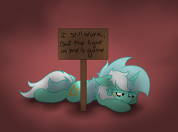 Size: 3434x2546 | Tagged: safe, artist:background basset, derpibooru import, lyra heartstrings, pony, unicorn, g4, depressed, depression, edgy, female, frown, high res, lying down, mare, prone, sign, simple background, solo, sploot, text