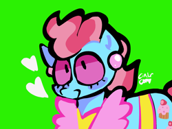 Size: 2048x1536 | Tagged: safe, artist:cinderthewolflady, derpibooru import, cup cake, earth pony, pony, g4, green background, heart, pink sclera, simple background, solo