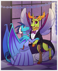 Size: 1181x1464 | Tagged: safe, artist:inuhoshi-to-darkpen, derpibooru import, princess ember, thorax, changedling, changeling, dragon, g4, ballroom, bowtie, clothes, cloven hooves, commission, dancing, dragoness, dress, duo, duo male and female, embrax, exoskeleton, female, grand galloping gala, king thorax, male, open mouth, open smile, shipping, smiling, spread wings, straight, suit, tuxedo, wings
