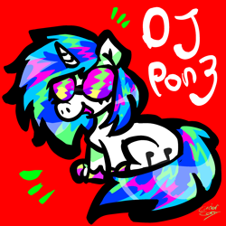 Size: 2048x2048 | Tagged: safe, artist:cinderthewolflady, derpibooru import, dj pon-3, vinyl scratch, pony, unicorn, g4, colored hooves, female, hoof polish, mare, multicolored hair, red background, signature, simple background, solo, vinyl's glasses