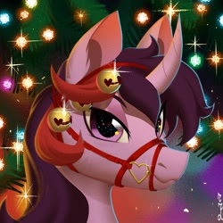 Size: 3000x3000 | Tagged: safe, artist:rrd-artist, derpibooru import, oc, oc only, pony, unicorn, bust, christmas, christmas lights, heart shaped, high res, holiday, jingle bells, lidded eyes, looking at you, reins, smiling, smiling at you, solo