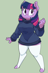 Size: 2144x3280 | Tagged: safe, artist:fourpundo, derpibooru import, twilight sparkle, anthro, unguligrade anthro, unicorn, g4, alternate hairstyle, clothes, eyebrows, eyebrows visible through hair, eyelashes, female, hips, looking at you, missing horn, multicolored hair, purple coat, purple eyes, smiling, smiling at you, socks, solo, stockings, sweater, thigh highs, thighs, thunder thighs, turtleneck, wide hips
