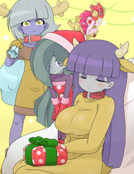 Size: 1825x2371 | Tagged: safe, alternate version, artist:batipin, derpibooru import, limestone pie, marble pie, maud pie, pinkie pie, human, equestria girls, g4, breasts, christmas, christmas presents, clothes, costume, equestria girls-ified, eyes closed, hat, holiday, maud pies, santa costume, santa hat