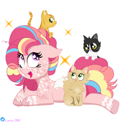 Size: 5000x5000 | Tagged: safe, artist:juniverse, derpibooru import, oc, oc only, oc:rosie, cat, earth pony, pony, colored, commission, cute, happy, lying down, simple background, smiling, solo, sparkles, white background