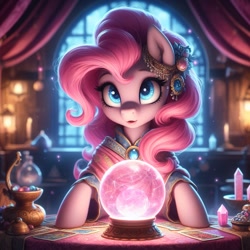 Size: 1024x1024 | Tagged: safe, ai content, derpibooru import, generator:dall-e 3, machine learning generated, pinkie pie, earth pony, pony, g4, blurry background, card, clothes, crystal, crystal ball, female, fortune teller, gypsy pie, indoors, jewelry, madame pinkie, marbles, mare, prompter:tyto4tme4l, solo, tablecloth, tarot card, window