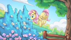 Size: 2560x1440 | Tagged: safe, artist:mysticalpha, derpibooru import, fluttershy, pegasus, pony, g4, bush, female, fence, flower, flying, looking at something, mare, scenery, solo, tree