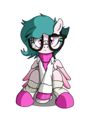 Size: 1350x1800 | Tagged: safe, artist:noomeralf, derpibooru import, oc, oc only, oc:hazy breeze, pegasus, 2024 community collab, clothes, derpibooru community collaboration, female, glasses, lab coat, mare, simple background, slippers, socks, solo, transparent background