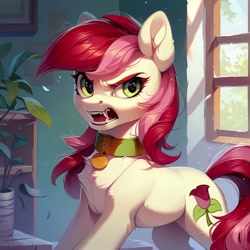 Size: 1024x1024 | Tagged: safe, ai content, derpibooru import, generator:purplesmart.ai, generator:stable diffusion, machine learning generated, roseluck, earth pony, pony, g4, angry, behaving like a cat, chest fluff, collar, fangs, hissing, looking at you, pet tag, pony pet, prompter:doom9454, rosepet, solo