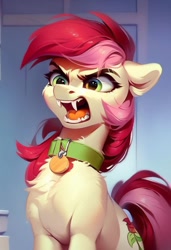 Size: 646x944 | Tagged: safe, ai content, derpibooru import, generator:purplesmart.ai, generator:stable diffusion, machine learning generated, roseluck, earth pony, pony, g4, angry, behaving like a cat, chest fluff, collar, fangs, hissing, pet tag, pony pet, prompter:doom9454, rosepet, solo