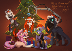 Size: 3508x2480 | Tagged: safe, artist:charlot, derpibooru import, oc, oc:bijou butterfly, oc:charlot, oc:gear works, oc:mantis, oc:seadance, earth pony, goat, merpony, pegasus, augmented, christmas, christmas lights, christmas tree, crossover, earth pony oc, fish tail, happy new year, hat, holiday, merry christmas, pegasus oc, ponysona, present, robotic arm, santa hat, servo arm, tail, tree, warhammer (game), warhammer 40k