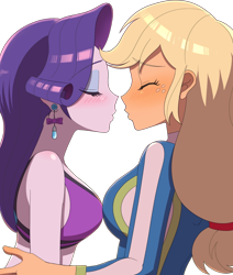 Size: 1460x1723 | Tagged: safe, artist:haibaratomoe, derpibooru import, edit, editor:itsmgh1203, applejack, rarity, human, better together, equestria girls, forgotten friendship, g4, applerack, blushing, breasts, breasts touching, clothes, duo, duo female, ear piercing, earring, eye clipping through hair, eyebrows, eyebrows visible through hair, eyes closed, female, freckles, imminent kissing, jewelry, lesbian, piercing, rarijack, raritits, shipping, simple background, swimsuit, transparent background