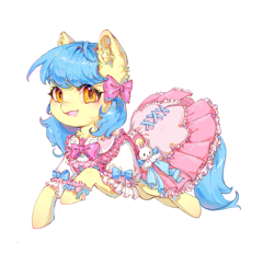 Size: 2429x2250 | Tagged: source needed, safe, derpibooru import, oc, oc only, oc:zoran, oc:左岸, pegasus, pony, bow, clothes, dress, ear fluff, ears, frilly dress, hair bow, looking at you, open mouth, open smile, simple background, smiling, smiling at you, white background