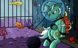 Size: 2480x1531 | Tagged: safe, artist:theponypretender, derpibooru import, lyra heartstrings, crab, fish, comic:a lyrabon adventure, g4, ball and chain, bruised, chains, comic, cropped, diving helmet, female, helmet, hoof on belly, prison, sad, scuba gear, solo, underwater, water