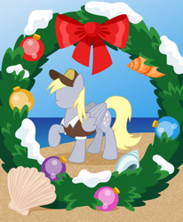 Size: 2700x3280 | Tagged: safe, artist:miipack603, derpibooru import, derpy hooves, pegasus, fanfic:sandy hooves and "sea"-sons greetings, g4, beach, bow, cover art, fanfic art, female, fimfiction, hat, hearth's warming, mailmare, mailmare hat, mailmare uniform, mare, ocean, ornament, sand, seashell, snow, solo, water, wreath