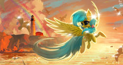 Size: 4096x2160 | Tagged: safe, artist:tinybenz, derpibooru import, oc, oc only, oc:zoran, oc:左岸, pegasus, pony, lighthouse, rainbow, sunshine