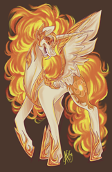 Size: 3300x5100 | Tagged: safe, artist:ashley-the-muffin, derpibooru import, daybreaker, alicorn, pony, g4, antagonist, armor, concave belly, crown, digital art, ethereal mane, ethereal tail, eyelashes, eyeshadow, fangs, feather, female, fire, flowing mane, flowing tail, gem, golden eyes, helmet, hoof shoes, horn, jewelry, lidded eyes, long horn, looking at you, makeup, mane of fire, mare, open mouth, peytral, princess shoes, regalia, signature, simple background, slender, smiling, smiling at you, solo, spread wings, sternocleidomastoid, tail, tail of fire, teeth, thin, villainess, wing armor, wings