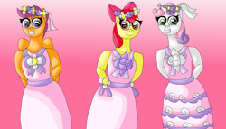 Size: 2876x1648 | Tagged: safe, artist:mojo1985, derpibooru import, apple bloom, scootaloo, sweetie belle, anthro, earth pony, pegasus, pony, unicorn, g4, apple bloom's bow, bow, clothes, cutie mark crusaders, dress, female, filly, flower, flower filly, flower girl, flower girl dress, flower in hair, foal, gradient background, grin, hair bow, hands behind back, smiling, trio