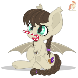 Size: 2000x2000 | Tagged: safe, artist:r4hucksake, derpibooru import, oc, oc only, oc:cookie cream, bat pony, pony, base used, braid, braided pigtails, candy, candy cane, chest fluff, cute, ear tufts, female, filly, foal, food, freckles, mouth hold, ocbetes, pigtails, simple background, solo, transparent background