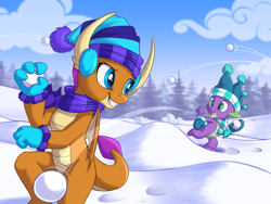Size: 1032x774 | Tagged: safe, artist:sirzi, derpibooru import, smolder, spike, dragon, g4, blue eyes, clothes, cute, dragoness, earmuffs, eyelashes, female, gloves, green eyes, grin, hat, male, mittens, open mouth, scarf, smiling, smolderbetes, snow, snowball, snowball fight, spikabetes, striped scarf, winter, winter hat, winter outfit