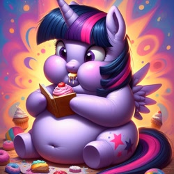 Size: 1024x1024 | Tagged: safe, ai content, derpibooru import, machine learning generated, twilight sparkle, twilight sparkle (alicorn), alicorn, g4, book, cupcake, fat, food, morbidly obese, obese, prompter:inflationvideotv, solo, twilard sparkle