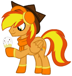 Size: 504x532 | Tagged: safe, artist:noi kincade, derpibooru import, oc, oc only, oc:firey ratchet, pegasus, pony, clothes, fedora, food, hat, ice cream, ice cream cone, male, scarf, simple background, smiling, solo, stallion, transparent background