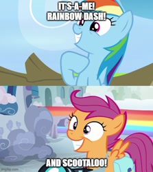 Size: 500x561 | Tagged: safe, derpibooru import, edit, edited screencap, screencap, rainbow dash, scootaloo, pegasus, pony, g4, parental glideance, bag, camera, caption, commercial, cute, cutealoo, dashabetes, duo, female, filly, foal, grin, image macro, impact font, low effort, luigi, mare, mario, meme, parody, reference, reference in the description, saddle bag, scene parody, siblings, sisters, smiling, super mario bros., text, the super mario bros. movie