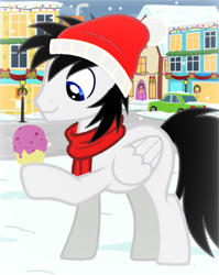 Size: 828x1040 | Tagged: safe, artist:star-heart2002, derpibooru import, oc, oc only, oc:shane park, pegasus, city, clothes, food, hat, ice cream, ice cream cone, male, scarf, snow, solo, winter, winter hat