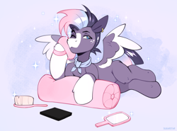 Size: 3310x2445 | Tagged: safe, artist:sugarstar, derpibooru import, oc, pegasus, pony, brush, ear piercing, lying down, piercing, solo, sparkles, spread wings, wings