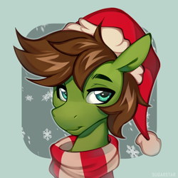 Size: 2500x2500 | Tagged: safe, artist:sugarstar, derpibooru import, oc, oc:kozzy, pony, christmas, clothes, hat, holiday, santa hat, scarf, smiling, snow, snowflake, solo