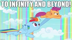 Size: 888x499 | Tagged: safe, derpibooru import, edit, edited screencap, screencap, rainbow dash, scootaloo, pegasus, pony, g4, sleepless in ponyville, buzz lightyear, caption, duo, female, filly, flying, foal, image macro, impact font, low effort, mare, meme, parody, rainbow falls (location), rainbow waterfall, reference, scene parody, siblings, sisters, smiling, text, toy story, woody