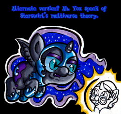 Size: 1162x1086 | Tagged: safe, artist:darkone10, artist:legaspingman, derpibooru import, nightmare moon, oc, oc:nyx, alicorn, pony, g4, alicorn oc, black background, cute, dream orb, dream orbs, dream realm, dream walker, dreamscape, duo, duo female, female, filly, floating, foal, horn, implied self ponidox, incoming, incoming self ponidox, nightmare woon, nyxabetes, ocbetes, self paradox, self ponidox, simple background, text, the fun has been doubled, tumblr:asktwilyandwoon, wings