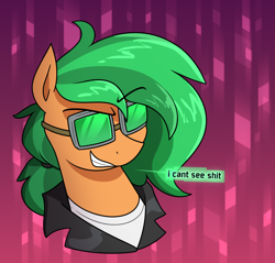 Size: 1376x1314 | Tagged: safe, artist:moonatik, derpibooru import, oc, oc only, oc:atom smasher, pegasus, abstract background, bust, clothes, female, goggles, i can't see shit, jacket, leather, leather jacket, mare, pegasus oc, ponytail, shirt, smiling, smirk, solo, vulgar