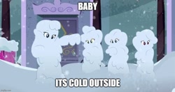 Size: 950x500 | Tagged: safe, derpibooru import, screencap, applejack, fluttershy, rainbow dash, rarity, human, better together, equestria girls, g4, street chic, baby it's cold outside (song), caption, female, meme, reference, snow, song reference, text, winter