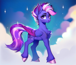 Size: 704x600 | Tagged: safe, ai content, derpibooru exclusive, derpibooru import, generator:purplesmart.ai, generator:stable diffusion, machine learning generated, oc, oc only, oc:shadow galaxy, pegasus, pony, cheek fluff, chest fluff, cloud, ethereal mane, female, fluffy, hooves, looking at you, mare, night, prompter:shad0w-galaxy, smiling, solo, starry mane, starry tail, stars, tail, unshorn fetlocks