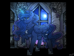 Size: 1280x960 | Tagged: safe, artist:binibean, derpibooru import, princess luna, alicorn, pony, g4, canterlot castle, female, full moon, glowing, glowing horn, horn, looking at you, mare, moon, smiling, smiling at you, solo