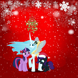 Size: 1000x1000 | Tagged: safe, artist:estories, artist:orin331, derpibooru import, queen chrysalis, twilight sparkle, twilight sparkle (alicorn), oc, oc:nyx, alicorn, changedling, changeling, pony, a better ending for chrysalis, adopted, adopted offspring, blushing, christmas, cute, cutealis, female, filly, foal, good end, grin, happy hearth's warming, hat, headcanon, headcanon in the description, hearth's warming, holiday, mare, married couple, mistleholly, mommy chrissy, mother and child, mother and daughter, nyxabetes, ocbetes, orin's chrysalis, parent and child, parent:queen chrysalis, parent:twilight sparkle, parents:twisalis, purified chrysalis, raised hoof, raised leg, redemption, reformed, ribbon, santa hat, ship:twisalis, shipping, smiling, song in the description, spread wings, trio, twiabetes, wings