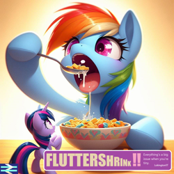 Size: 1024x1024 | Tagged: safe, ai content, derpibooru import, edit, machine learning generated, fluttershy, rainbow dash, twilight sparkle, pegasus, pony, unicorn, g4, accidental vore, butt, cereal, drool, drool string, esophagus, female, fiction, food, imminent vore, mare, micro, milk, mistakes were made, oral invitation, plot, poster, prompter:lukington17, saliva puddle, salivating, shrinking, slimy, taste buds, unaware, unaware vore, uvula