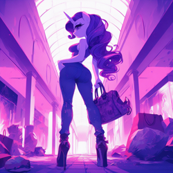 Size: 1024x1024 | Tagged: safe, ai content, derpibooru import, machine learning generated, rarity, anthro, unicorn, g4, abandoned, ass, bag, big breasts, breasts, butt, clothes, curvy, denim, female, handbag, high heels, jeans, low angle, mall, pants, prompter:horselover fat, raritits, rear view, sexy, shoes, sideboob, solo, tanktop