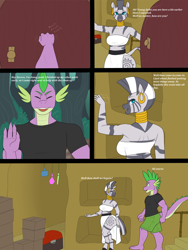 Size: 1500x2000 | Tagged: safe, artist:lurking tyger, derpibooru import, spike, zecora, anthro, dragon, plantigrade anthro, unguligrade anthro, zebra, comic:spike's curse, adult, adult spike, breasts, comic, dialogue, duo, duo male and female, female, knocking, male, mare, older, older spike, speech bubble, ze-bra buster, zecora's hut