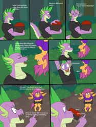 Size: 1500x2000 | Tagged: safe, artist:lurking tyger, derpibooru import, scootaloo, spike, anthro, dragon, pegasus, unguligrade anthro, comic:spike's curse, adult, adult spike, angry, chest, cross-popping veins, dialogue, duo, duo male and female, ears, emanata, eye clipping through hair, female, floppy ears, forest, laughing, male, mare, moments before disaster, nature, older, older scootaloo, older spike, prank, tree, upside down