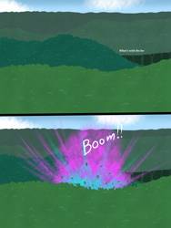 Size: 1500x2000 | Tagged: safe, artist:lurking tyger, derpibooru import, comic:spike's curse, 2 panel comic, comic, dialogue, explosion, forest, implied scootaloo, implied spike, nature, no pony, tree